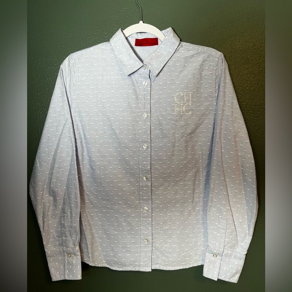 Carolina Herrera Kids Girl Blue and White Button Down with Pearl Monogram Sz 12 - Picture 2 of 6